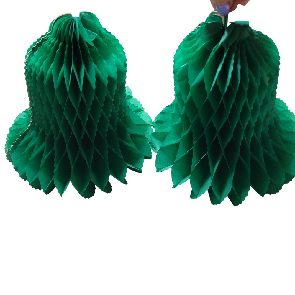 Vintage Green Tissue Paper Honeycomb Bells 8 Inch Christmas Decor Set of 2